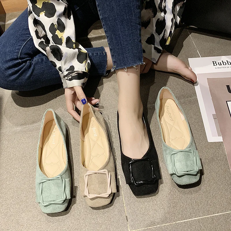 

Online Celebrity Flat Small Shoes Women's 2019 Spring New Style Korean-style Low-Cut Square Buckle Suede Square Head Moccosins G