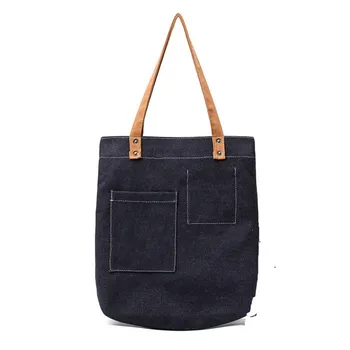 

Simple Solid-color Denim Car Sewing Joker Korean Student Carrying Eco-shopping Pack One-shoulder Women's Canvas Satchel Denim