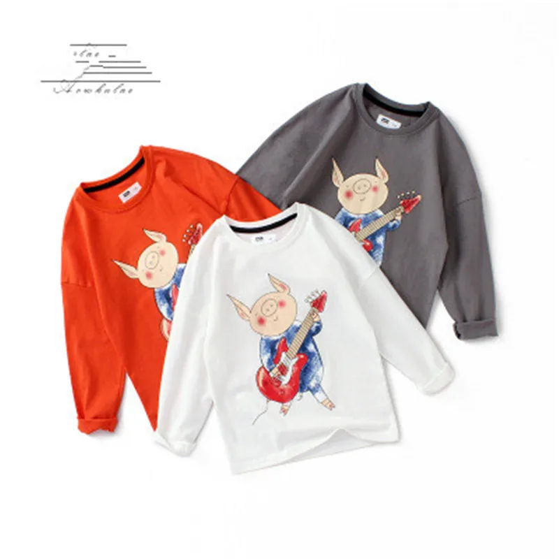 

2020 Spring Autumn For 7-13 Year Top Boys T Shirt Long Sleeves Tee Print Fashion Cute guitar cartoon pig pattern