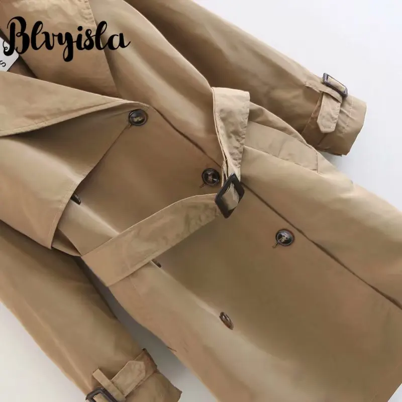 Blvyisla хаки с длинными рукавами с отворотом двубортное Epaulet ветровка пальто Женская мода тонкая талия пояса Тренч пальто Топы
