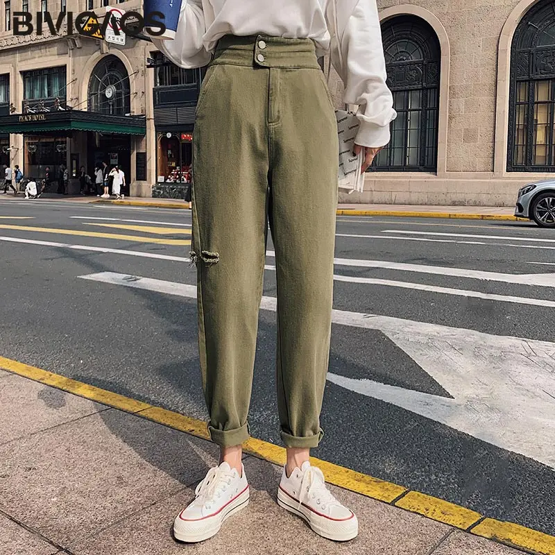 Green - ripped BIVIGAOS новые осенние Модный двойные пуговицы с высокой талией свободные широкие повседневные джинсы шаровары Рваные Джинсы бойфренда - Цвет: Green - ripped