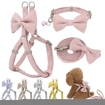 

Dog Harness Leash Collar Set Adjustable Soft Cute Bow Double Layer Dog Harness for Small Medium Pet Collar Leash Outdoor Walking