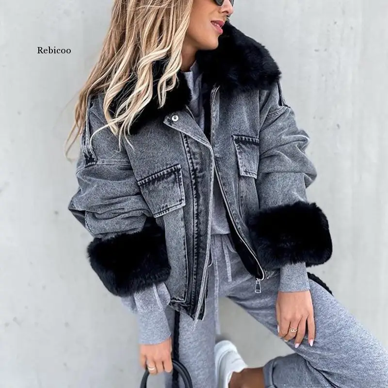 Winter Faux Fox Fur Collar Jackets Women Fashion Short Denim Coats ...