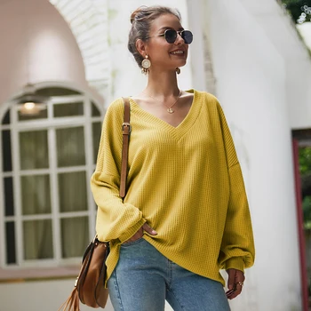 

Sexy Big V Neck Long Sleeve Loose Style Women Knitted Sweater Tops Plus Size XL Winter Female Pullover Lady Wears