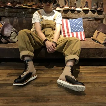 

Autumn Handmade Genuine Vintage Leather Casual High Top Work Shoes Round Toe Lace Up Splice Winter Motorcycle Mens Ankle Boots