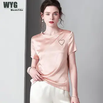 

Ladies Summer Blouses 2020 Unique Fashion Designer Short Sleeve Pink White Black Beige Satin Silk shirts