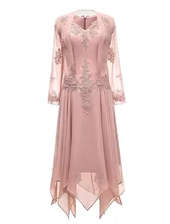 Two Pieces Pink Mother of the Bride Dresses with Jacket Tea Length Chiffon Appliques A Line Formal Wedding Guest Party Dress