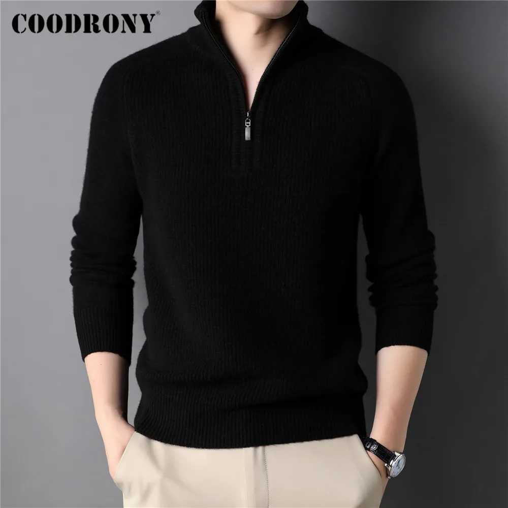 COODRONY Winter Fashion Zipper Turtleneck Sweater Men Clothing Thick Warm Knitwear 100% Merino Wool Cashmere Pullover Male C3150 v neck sweater men Sweaters