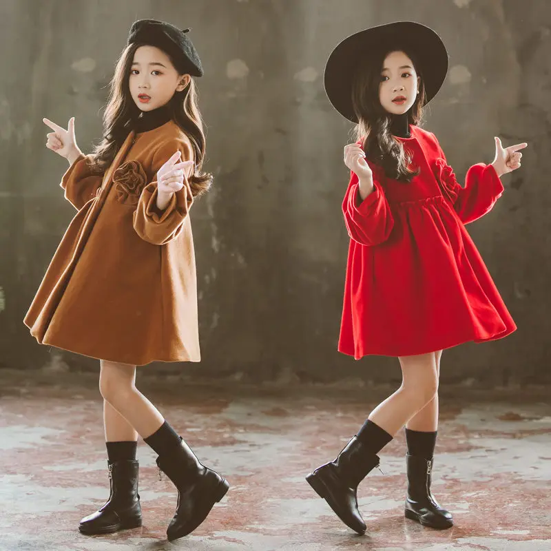 Детское шерстяное платье с длинными рукавами пальто для девочек Модный