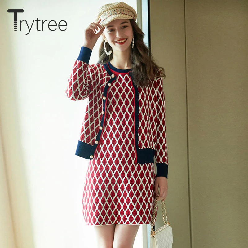 Trytree осенне-зимний женский комплект из двух предметов, повседневный вязаный однобортный Топ с круглым вырезом и жемчугом+ мини-платье, комплект из 2 предметов