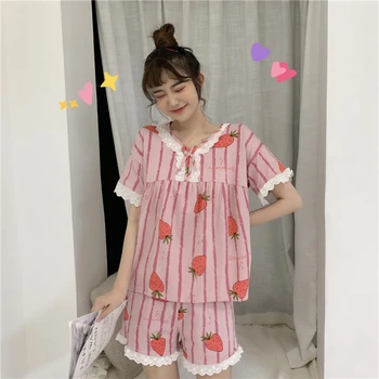

2020 summer new women's strawberry printed pink bow short sleeve shorts loose sweet Pajama home suit