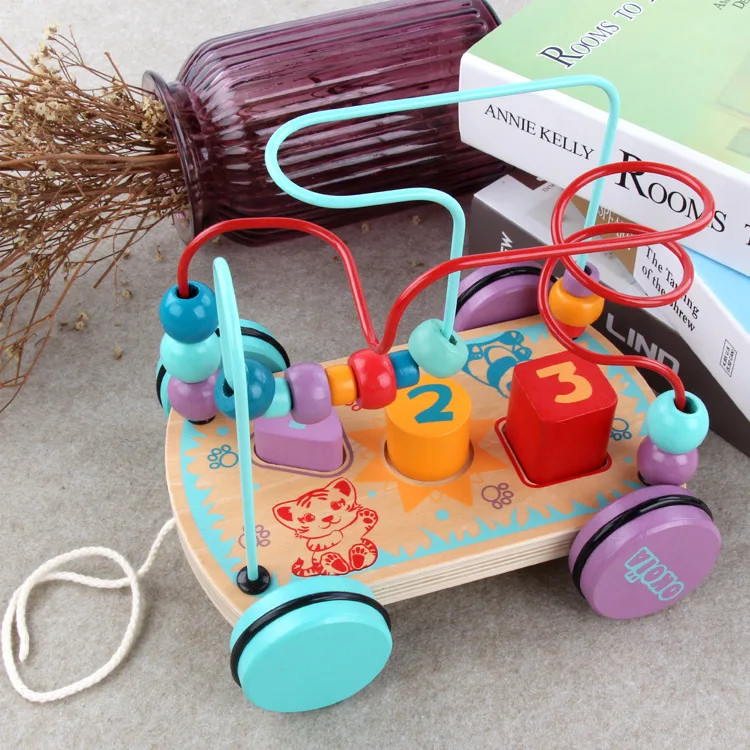 

ENLIGHTEN Wooden Toys Children Early Childhood Educational Multi-functional with Numbers Drag Iron Wire Bead Maze Cart