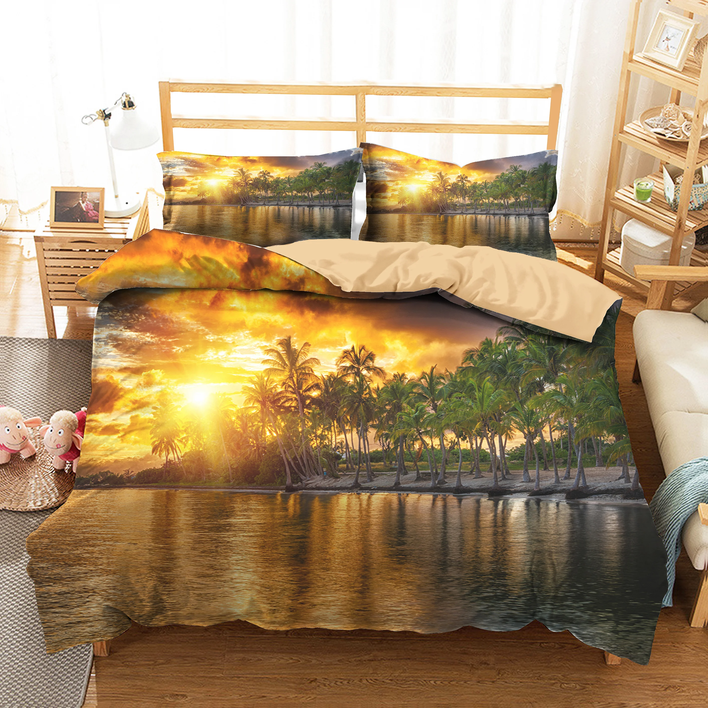

Quilts and Bedding Sets Beach Printed Home Textiles Duvet Cover with Pillowcsae Bed Linen Bedroom Clothes King Single Size
