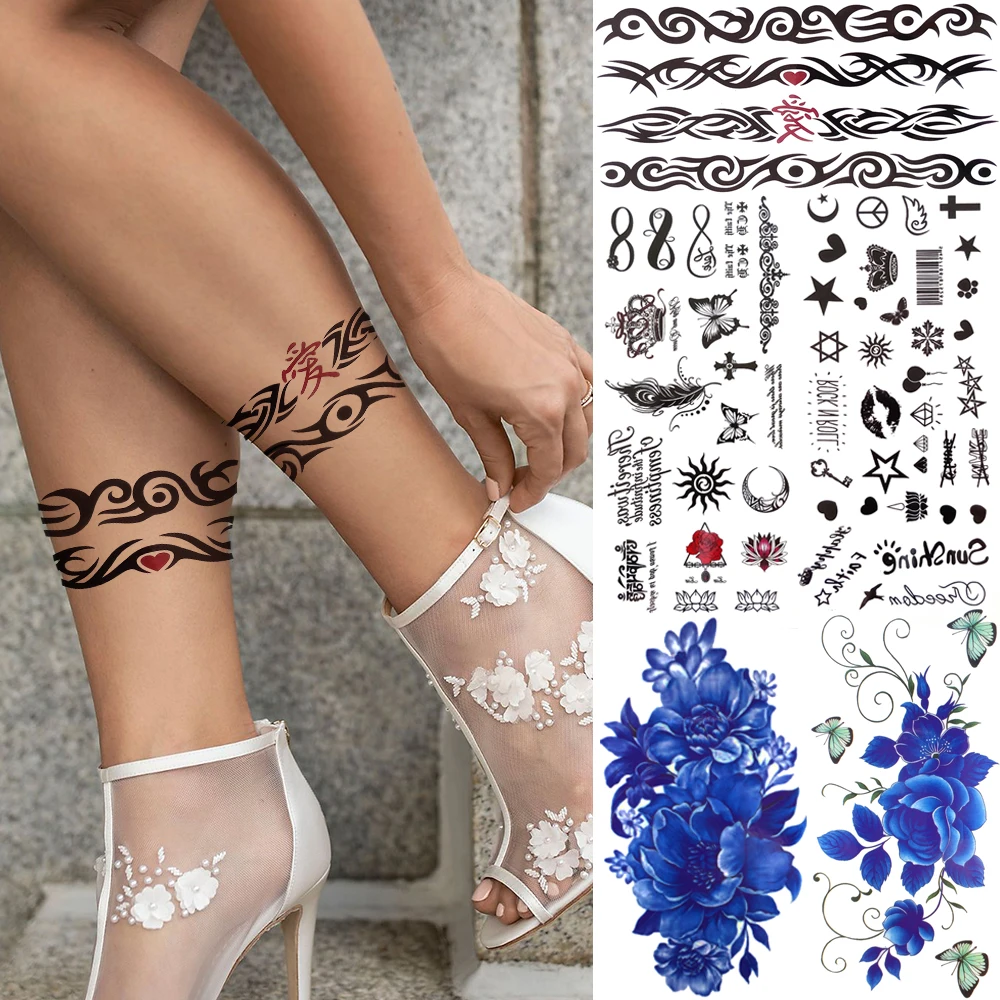 

Индийский шип "сделай сам", временные татуировки для женщин, детей, искусственная синяя Роза, тату, пион, реалистичные бесконечные татуировки для лица, наклейка