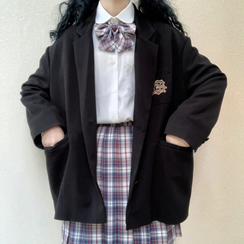 

Spring new Soft Sister Badge Embroidery Coat Young Girl Student Black Loose Two button Long sleeve Suit Jacket College style
