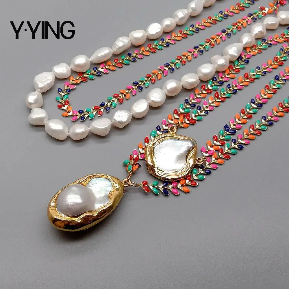 

Y·YING Multi Color Enamel Chain Cultured White Baroque Pearl statement Necklace Keshi Pearl Charm Pendant necklace for women
