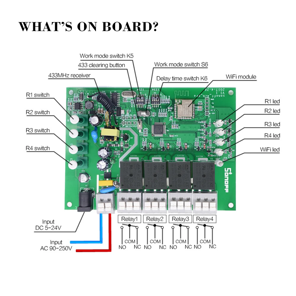 SONOFF 4CH Pro R-2 ITEAD RF 433 МГц 4 банда WiFI переключатель 3 режима работы самоблокирующийся замок WiFi умный переключатель для Alexa Google Home