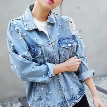 

Vintage Women Spring Pearls Beading Ripped Denim Jacket Single Breasted Long Sleeve Jean Jackets And Coats Female Outwear