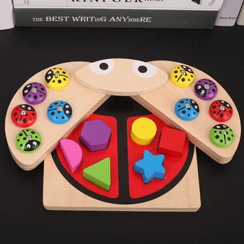 

Wooden Toys Ladybug Game Fishing Toys Multicolour Shape Block Learning Educational Table Fish Game For Children Gifts