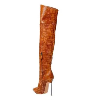 

Luxury Crocodile Leather Over The Knee Boots Pointed Toe Side Zipper Brown Black Leather Tight High Boots Blade Heels Tall Boots