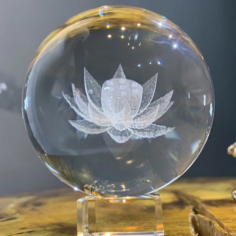

H&D 3D Laser Engraved Crystal Lotus Ball Paperweight With Stand Feng Shui Home Art Decor Figurines Ornament Wedding Gift (60mm)