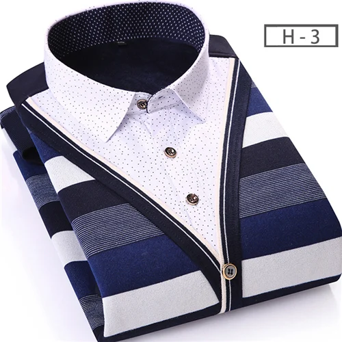 Зимняя утолщенная Мужская рубашка из двух частей, повседневные мужские рубашки в полоску контрастных цветов, мужская деловая рубашка, теплая мягкая рубашка YN10551 - Цвет: H-3