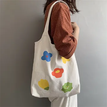 

Simple Style Canvas Handbags for Women Floral Printed Beach Bags Folding Shoulder Bags Bolsas Casual Tote Bags