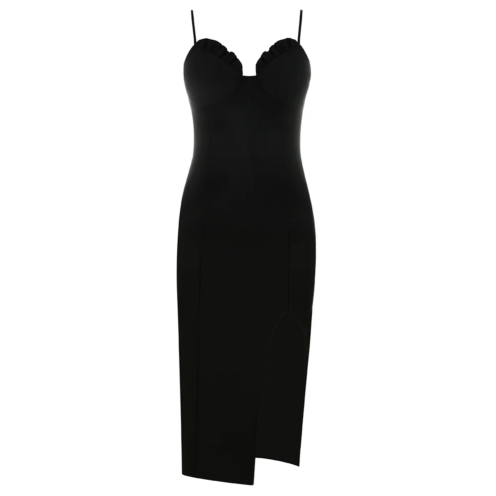 Hot Sale Sexy Spaghetti Strap V Neck Sleeveless Blace Summer Bandage Dress Vestidos Elegant Female Knee Length Club Dress - Цвет: Черный
