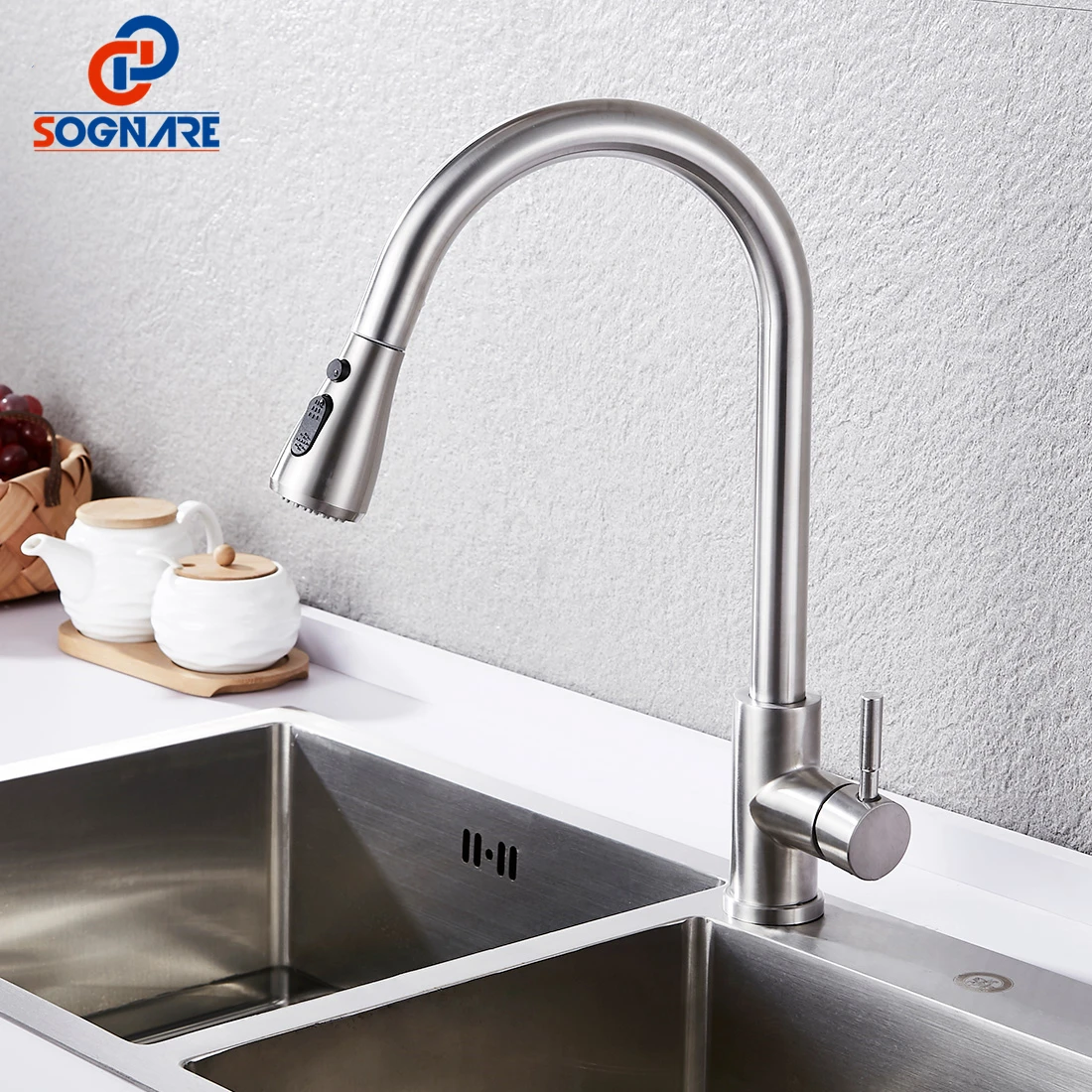 Sink Faucet Kitchen Taps Sognare-Spring Brushed Pull-Out Stainless-Steel Single-Handle
