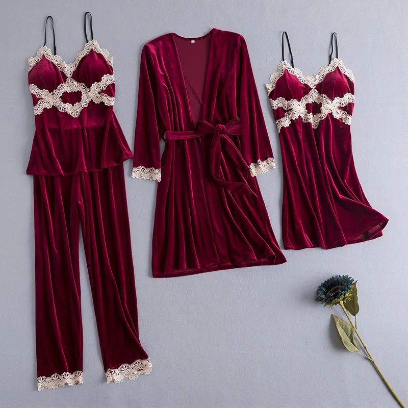 Fiklyc нижнее белье из четырех частей женские зимние Бархатные Теплые стильные пижамные комплекты длинные штаны с длинным рукавом пижамный комплект с кружевным цветком - Цвет: wine red set