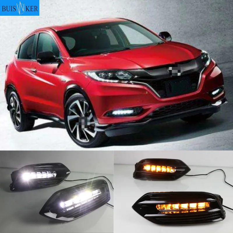 

2 шт. светодиодные дневные ходовые огни светильник для Honda вариабельности сердечного ритма HR-V Vezel 2019 желтый указатель поворота Функция 12V автомобильные DRL Противотуманные фары украшения