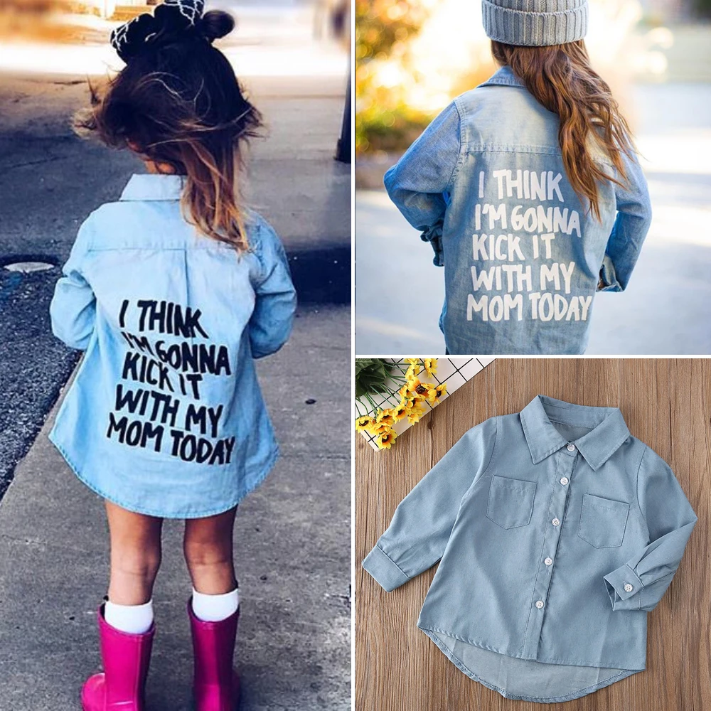 Toddler Kids Baby Girl Autumn Winter Shirts Tops Clothes Denim Letter Print Long Sleeve Tops Shirt Warm Coat Shirt Jacket 2-7Y