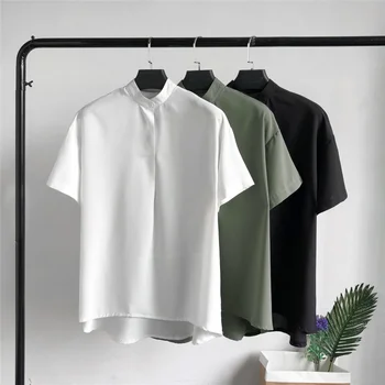 

EWQ / men's wear Stand collar pullover shirt 2020 short sleeve white chiffon shirt large size loose all-match niche tops 9Y1987