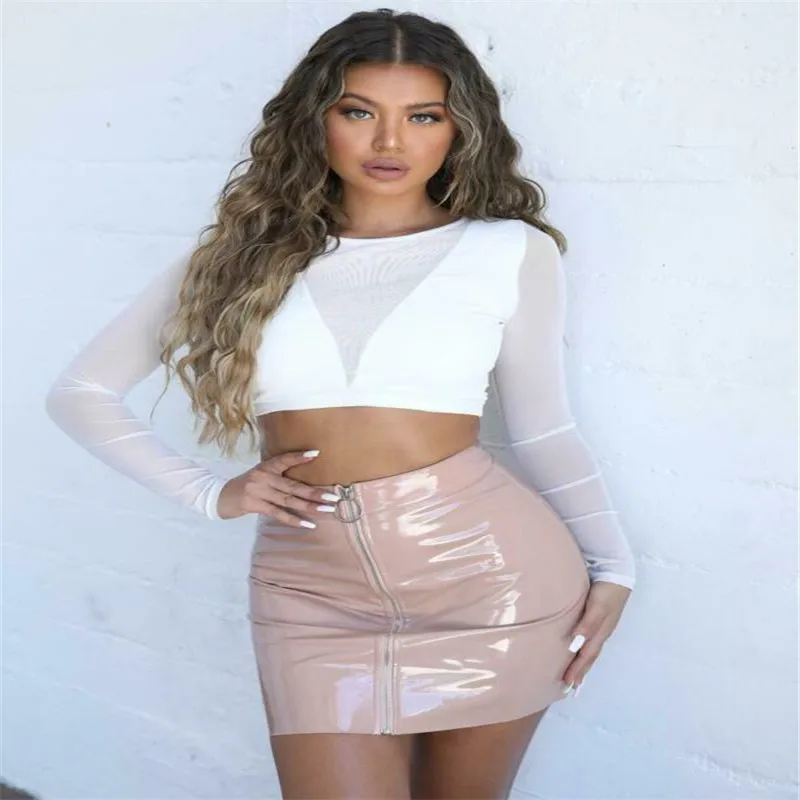 

Sexy Mesh Sheer Women T-Shirts Perspective Crop Tops Long Sleeve See Through T-Shirt Solid Color O Neck Tops Free Shipping