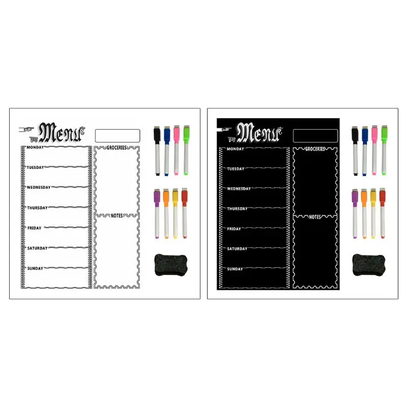 2pcs Planificateur de Menus Tableau, 33x23cm Tableau Acrylique Magnétique  Frigo Tableau de Menu Repas Hebdomadaire avec Marqueurs Effaçables à Sec  Chiffon de Nettoyage Porte-Stylo pour Frigo : : Fournitures de  bureau