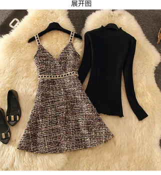 

European and American fashion new wind early autumn knit shirt strap dress tide female autumn and winter two-piece skirt suits
