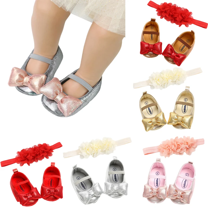 

Infant Baby Girls Shoes Headband, Kids Anti-Slip PU Leather Shoes+ Solid Color Flower Headwear First Walkers