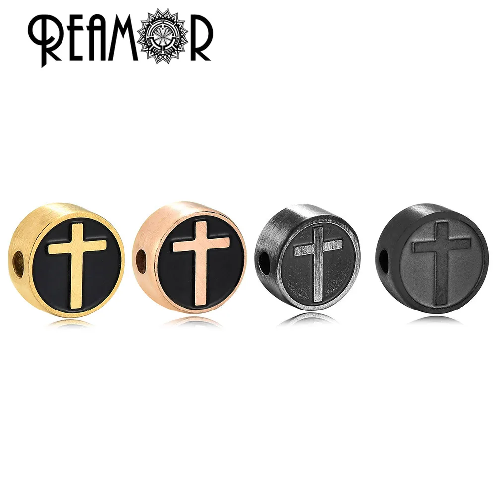REAMOR Luxury Black Golden Plated Round Cross Beads 316l Stainless Steel Spacer For DIY Beaded Bracelets Jewelry Making | Украшения и