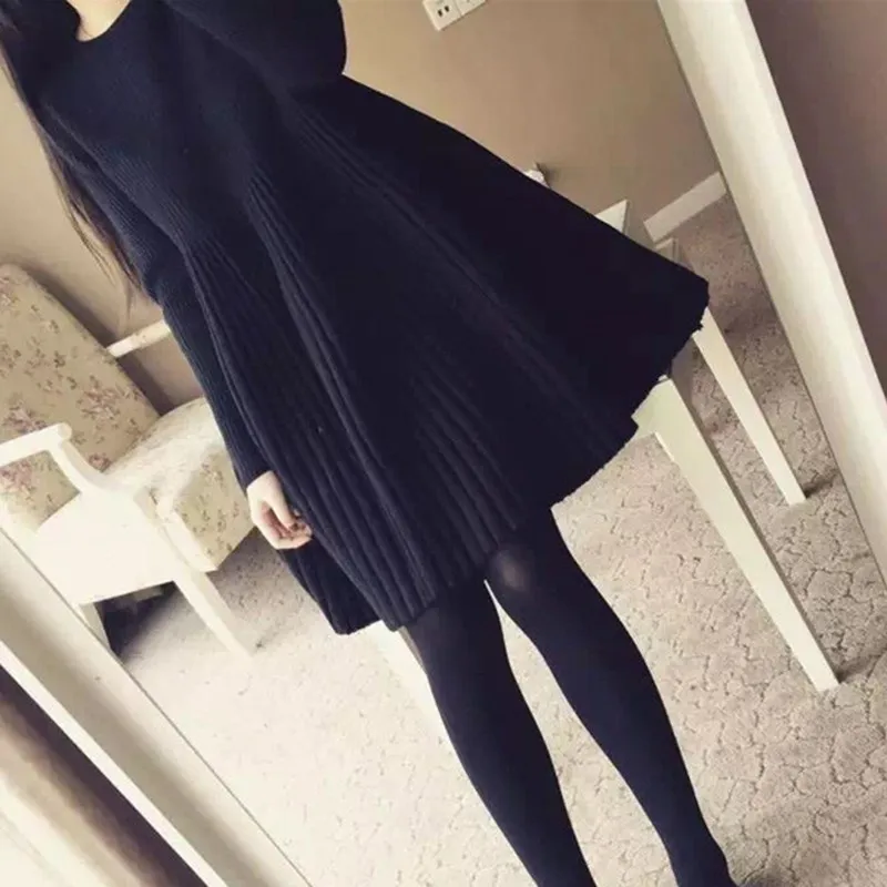 Женское трикотажное платье-свитер осень зима корейский o-образный вырез ТРАПЕЦИЕВИДНОЕ элегантное плиссированное платье однотонные платья Vestidos - Цвет: Черный