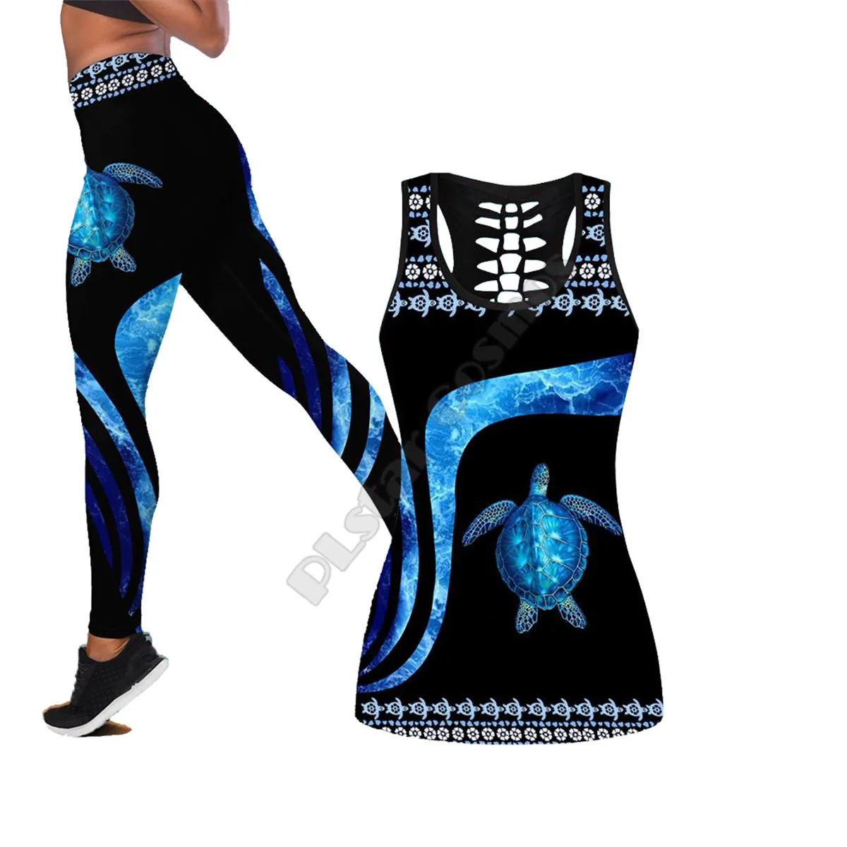 

Sea turtle Polynesian 3D Printed Hollow Out Tank Legging Suit sexy Yoga Fitness Soft Legging Summer Women For Girl 35