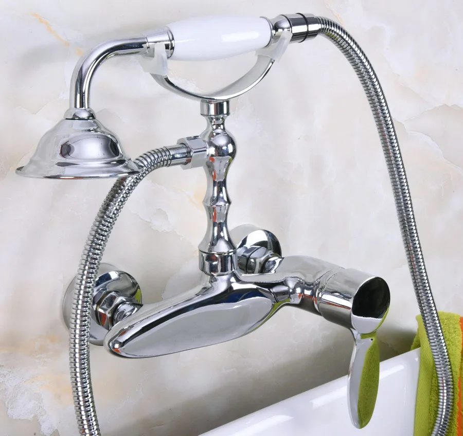 

Polished Chrome Brass Wall Mount Bathtub Faucet with Handheld Shower Set +1500MM Hose Mixer Tap 2na182