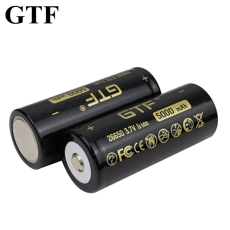 GTF 26650 5000mAh real capacity 3.7V Li-Ion Rechargeable Battery for Flashlight UPS backup power supply pointed batteries