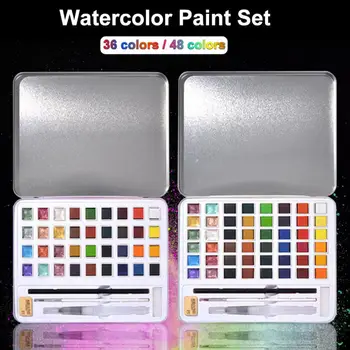 

48/36 Color Solid Watercolor Paint Set Portable Metal Box Watercolor Pigment for Beginner Drawing Watercolor Paper Supplies