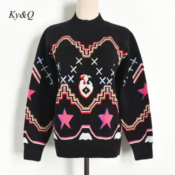 

Runway Brand Winter Star Embroidery Abstract Ripple Funny Figure Knit Sweater Pullover O-neck Black Luxury Christmas Jumper 2020