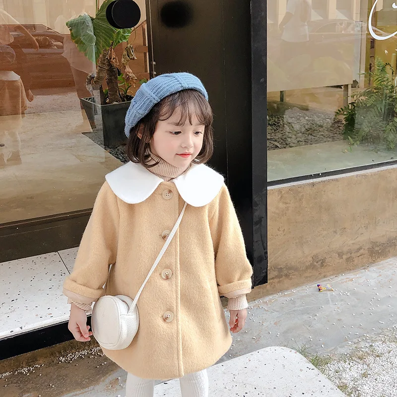 Новая зимняя детская куртка; модное шерстяное пальто с длинными рукавами и хлопковой подкладкой для девочек; пальто из твида с белым воротником для девочек