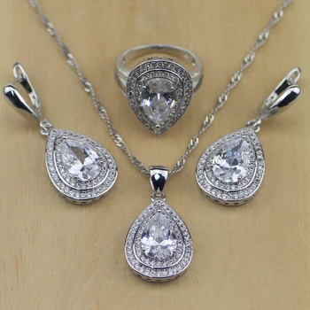 

Trendy Oval Shaped Crystal White Zircon 925 Sterling Silver Jewelry Sets For Women Earrings/Pendant/Necklace/Rings T063