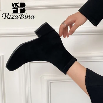 

RIZABINA Women Ankle Boots Stretch Flats Shoes Slip On Flock Square Toe Winter Boots Women Fashion Party Footwear Size 34-40