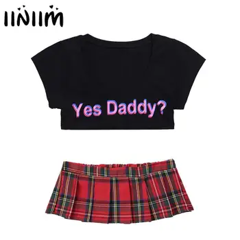 

Womens Japan Sexy Schoolgirls Costumes Clubwear Letter Printed Femme Cheerleader Summer Crop Tops with Mini Plaid Pleated Skirt