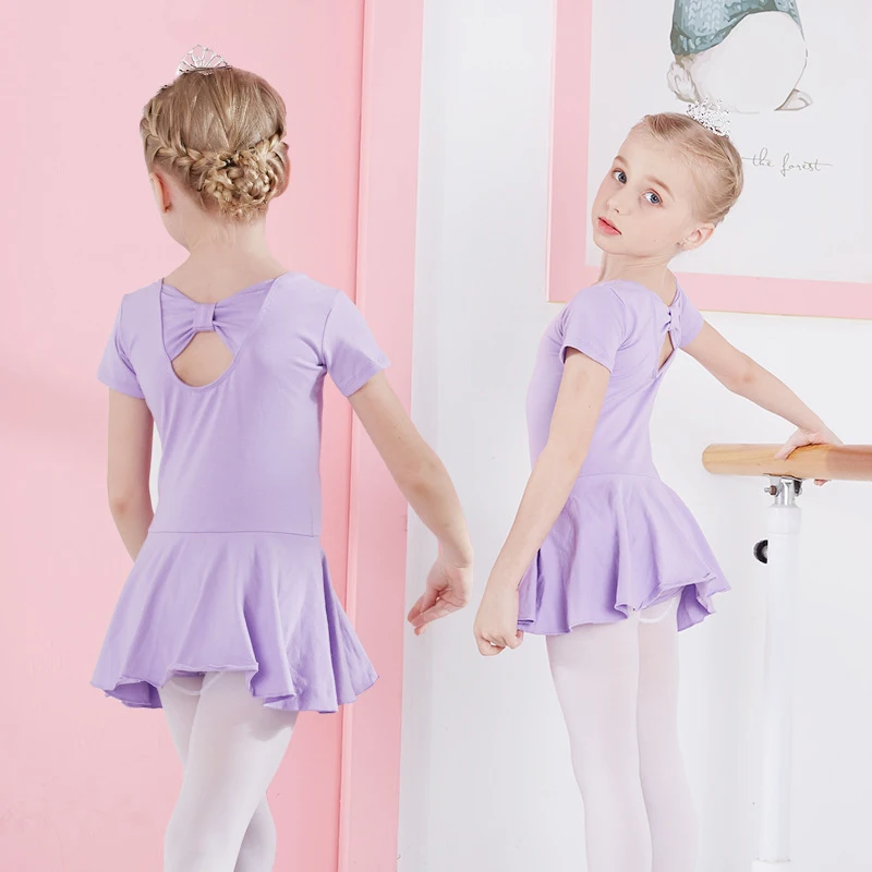 Purple short sleeve Г. Новая детская танцевальная одежда раздельная облегающая балетная юбка для девочек хлопковая одежда для упражнений танцевальный костюм с длинными рукавами и бантом - Цвет: Purple short sleeve