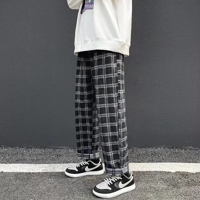 ICCLEK Men's Jeans 2021 Fall Men's Casual Pants Loose Straight Pants Fashion Plaid Casual Pants Mens Jeans  Patchwork Jeans